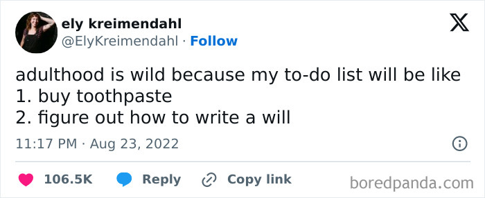 Tweet about adult life humor, listing buying toothpaste and writing a will as tasks.