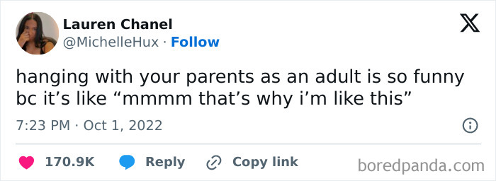 Tweet by Lauren Chanel about the humor of being an adult with parents, gaining significant likes and engagement.