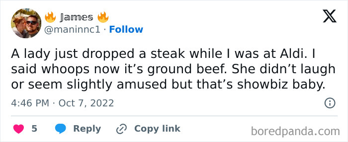 Funny meme about a steak dropped at Aldi; a joke about "ground beef" goes unappreciated.