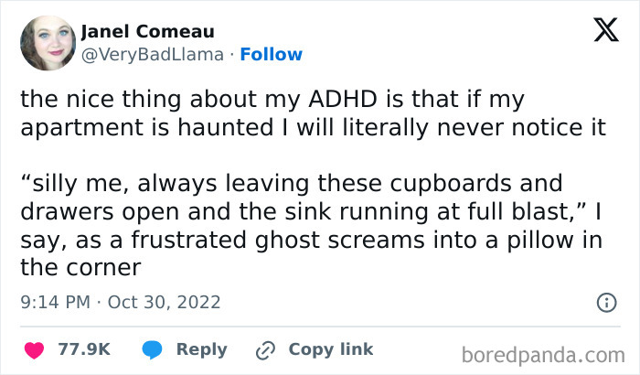 Tweet humorously describing ADHD as a reason for not noticing a haunted apartment, fitting for a spicy brain meme.