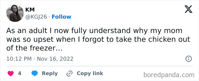 Tweet about understanding adulthood struggles, mentioning a relatable experience with forgetting to defrost chicken.