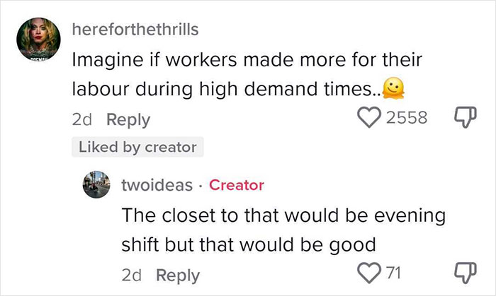 Comment exchange about worker pay during high-demand times, highlighting issues within capitalism.