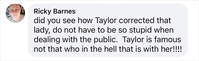 Comment discussing Taylor Swift confronting a team member.