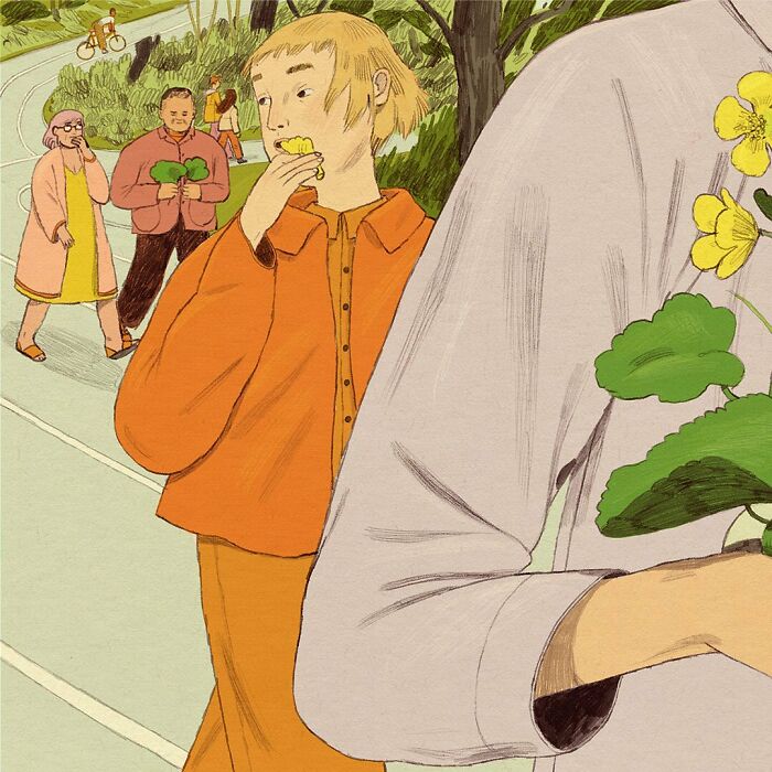 Whimsical surreal illustration of people in a park, one person smelling a flower, capturing everyday moments.