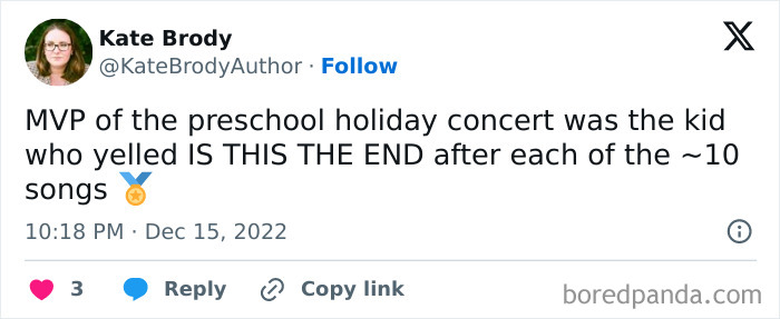 Preschool holiday concert tweet humorously highlights a child's impatience during the performance.