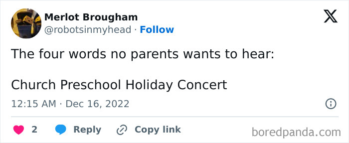 Tweet humor about School Christmas Holiday Concerts and reluctant parents.