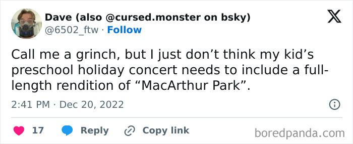 Tweet humorously critiquing school holiday concerts' song choices.