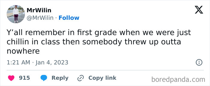 Hilarious meme tweet about a funny first grade memory of someone throwing up unexpectedly.