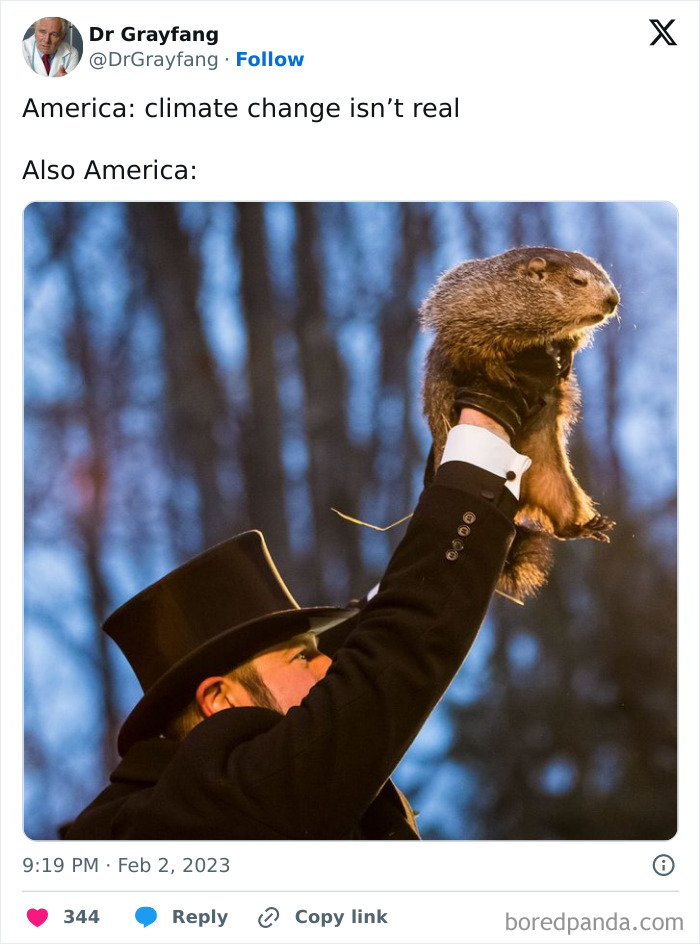 Man in a top hat holding a groundhog, illustrating a funny meme about climate change denial in America.