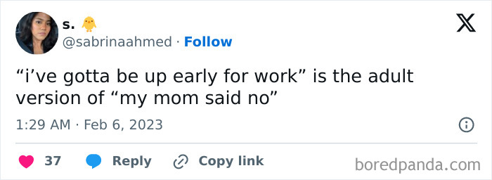 Tweet by sabrinaahmed about adult responsibilities, comparing waking up early for work to childhood restrictions.