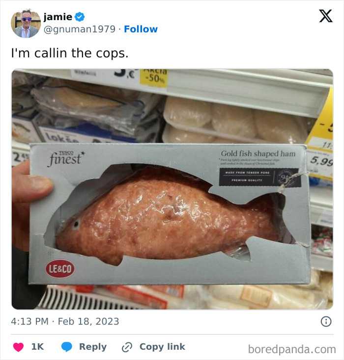 Ham shaped like a fish in packaging with a humorous tweet above.