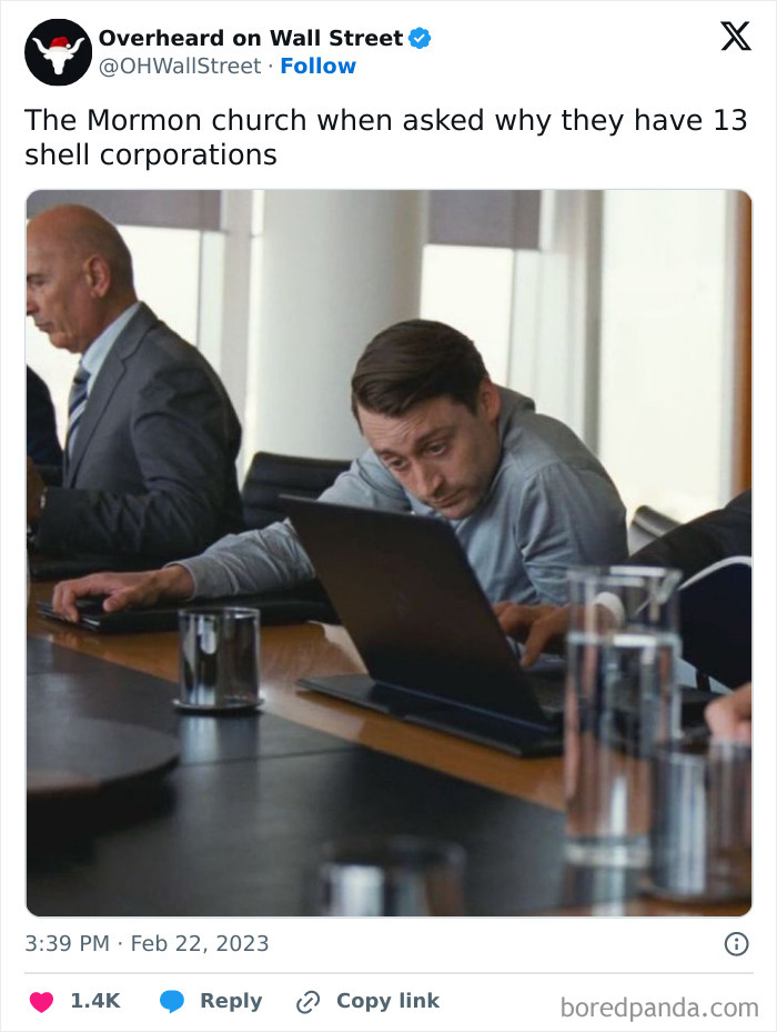 Man at a meeting looking exhausted, representing investment memes from "Overheard on Wall Street."