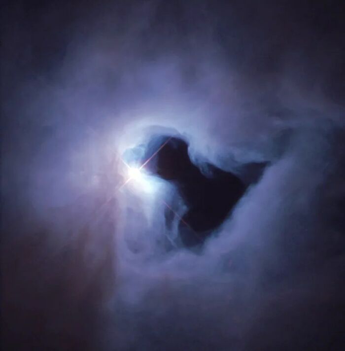 Amazing nebula glowing in deep space with swirling blue and white clouds surrounding a bright star.