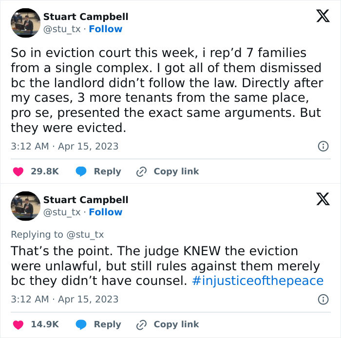 Tweet discussing eviction court cases highlighting issues facing the 'Lost Generation'.