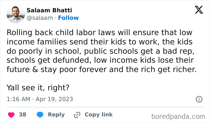 Tweet discussing child labor laws and impact on low-income families, linked to issues facing today's lost generation.