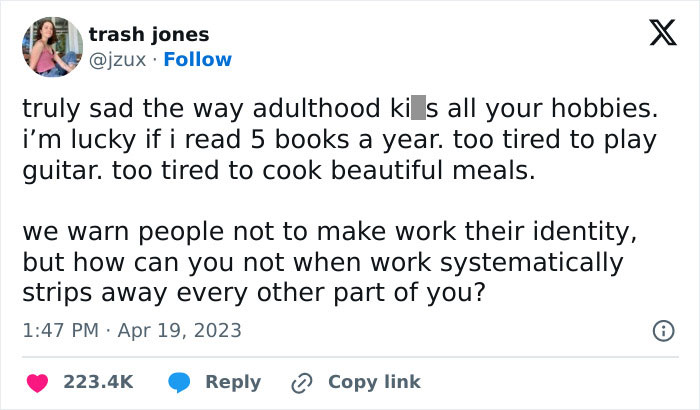 Tweet discussing the struggles of adulthood and work-life balance for today's 'Lost Generation'.