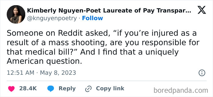 Tweet by Kimberly Nguyen questioning medical bill responsibility after a mass shooting, highlighting issues for the lost generation.