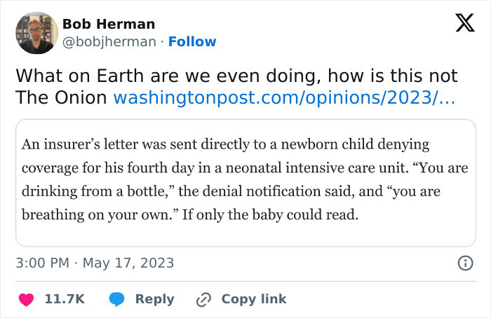 Tweet about absurdity in modern life with a comic headline and a denial letter to a newborn, highlighting challenges for the lost generation.