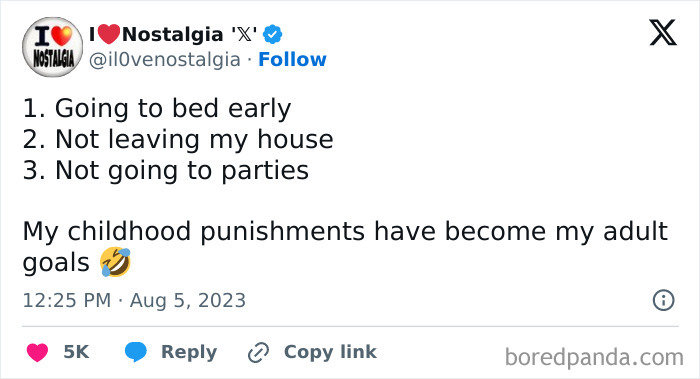 Tweet listing adult goals humorously relating to childhood punishments, shared by Nostalgia account.