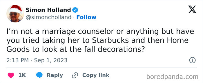 Funny meme about relationship advice, suggesting Starbucks and Home Goods for fall decoration shopping.