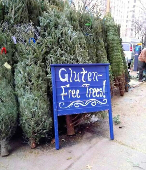 Weird and absurd sign reading "Gluten-Free Trees!" in front of a stack of pine trees on a city sidewalk.