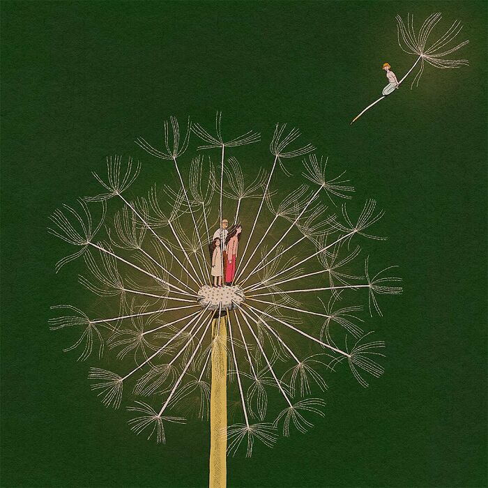 Whimsical illustration of tiny figures standing on a giant dandelion against a surreal green background.