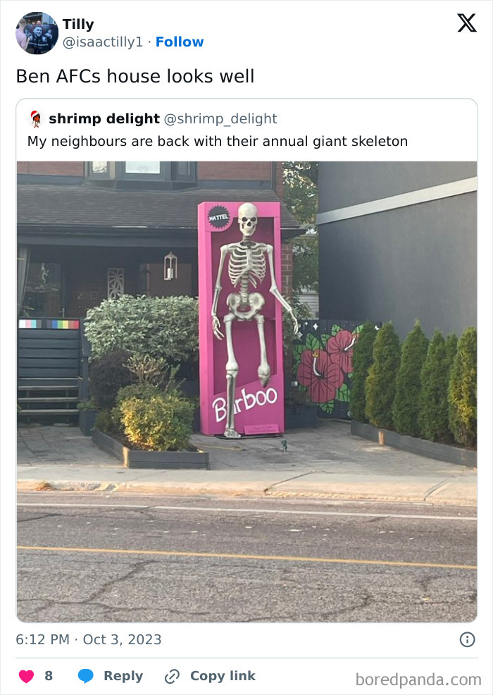 Giant skeleton in a pink "Barboo" box outside a house; a humorous cultural meme display on the street.