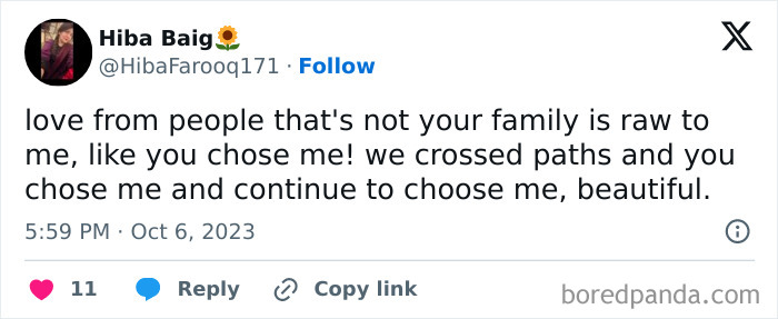 Tweet by Hiba Baig expressing appreciation for chosen relationships, highlighting emotional connection beyond family.