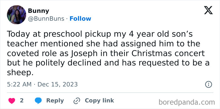 Tweet about a child preferring to be a sheep in the school Christmas concert.