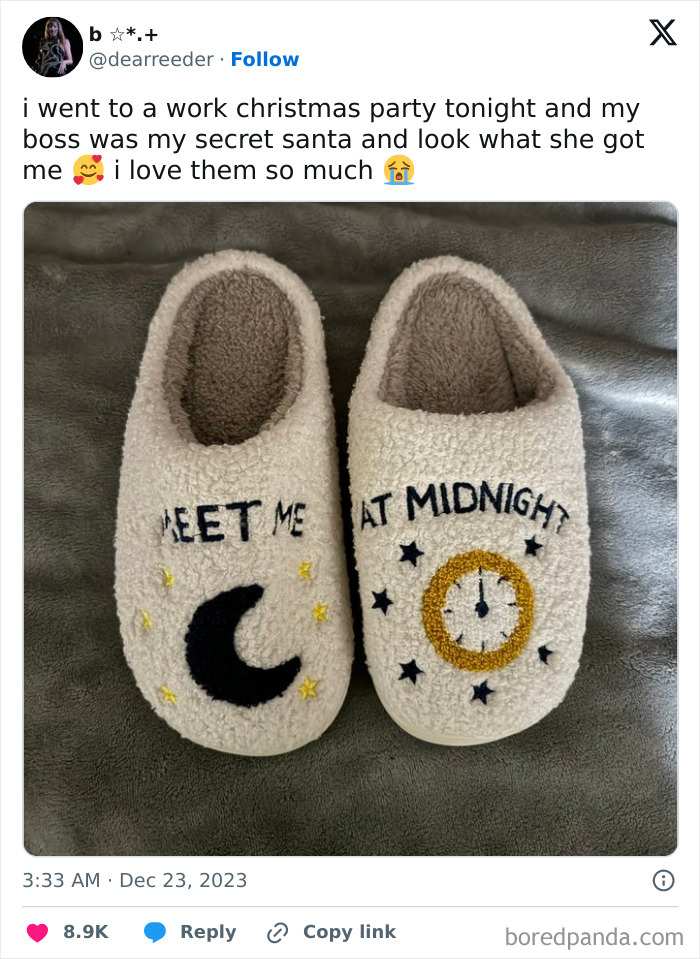 Funny gift from a boss: cozy slippers with "Meet Me" and "At Midnight" designs, perfect for Secret Santa.