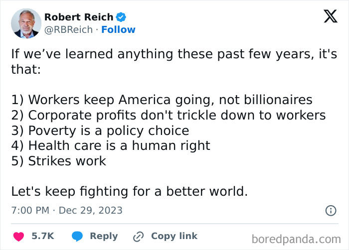 Tweet listing five social and economic truths impacting the lost generation, emphasizing workers, healthcare, and inequality.