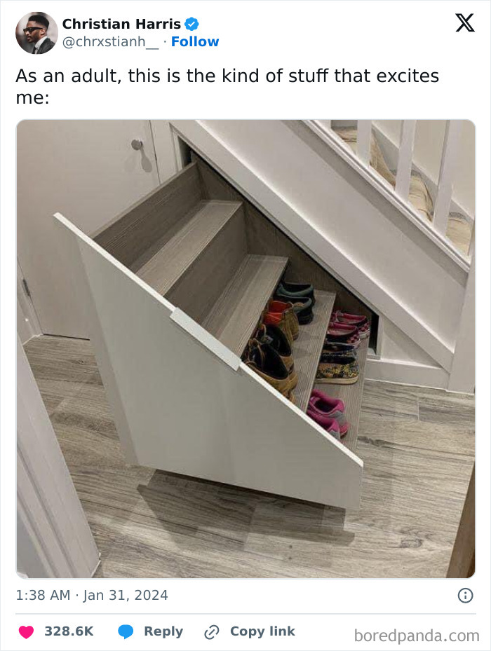 Under-stair drawer with organized shoes; a clever adult storage solution.