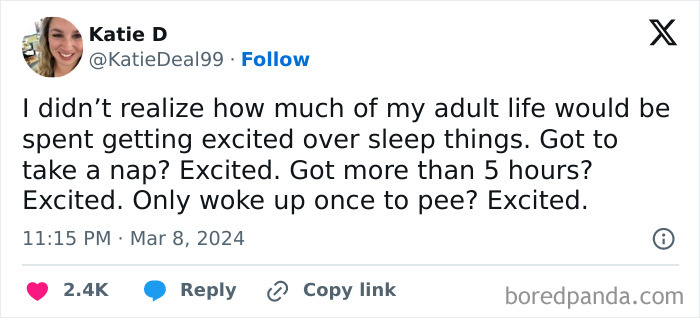 Tweet about adult life excitement over sleep, naps, and waking fewer times.