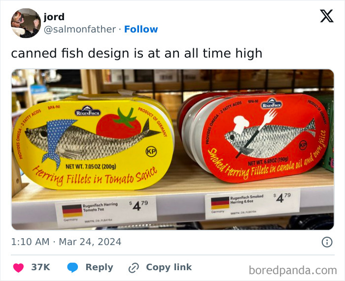 Funny meme of creatively designed canned fish packs on store shelf.