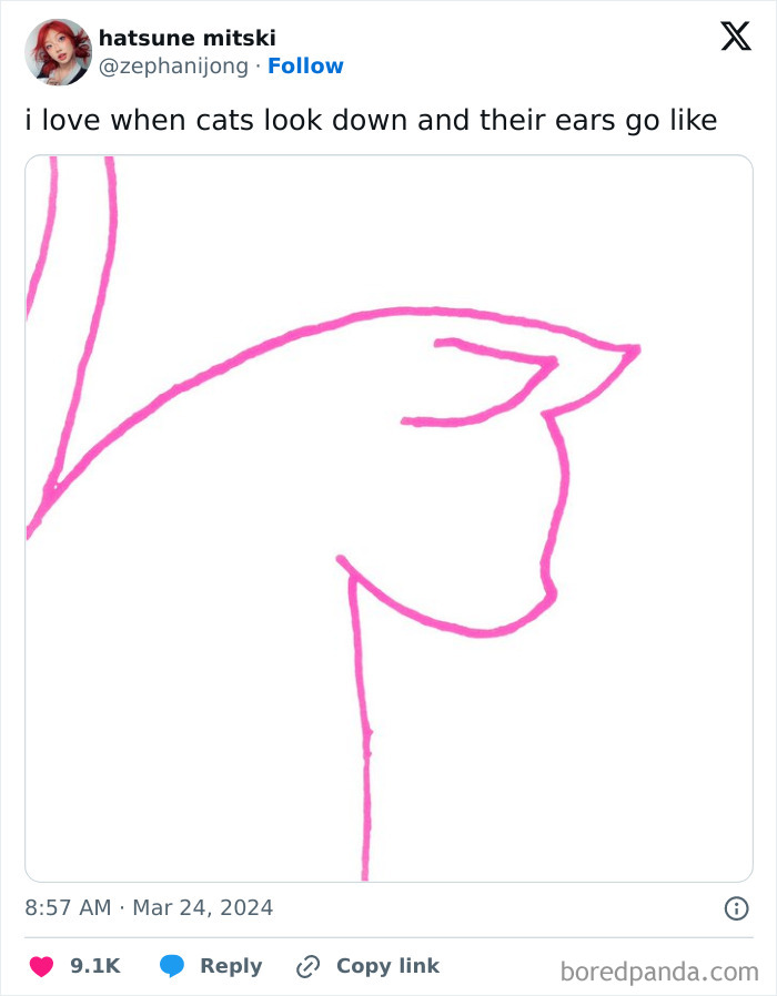 Funny cat meme with a pink line drawing of a cat looking down, inspired by social media humor and feline expressions.