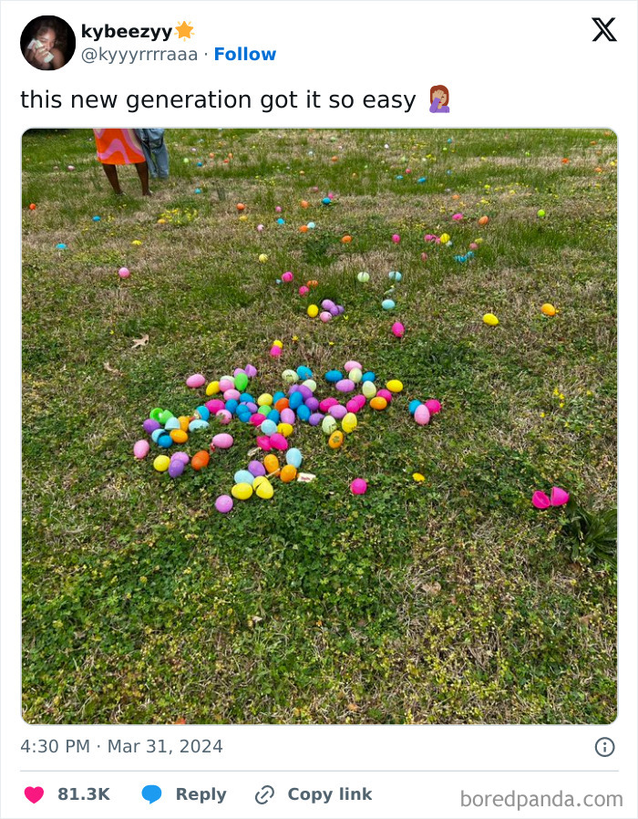 Scattered colorful eggs on grass, symbolizing lazy-infuriating-people during an Easter egg hunt.