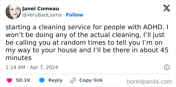 Tweet about a humorous cleaning service concept for those with ADHD, offering relatable mental health humor.