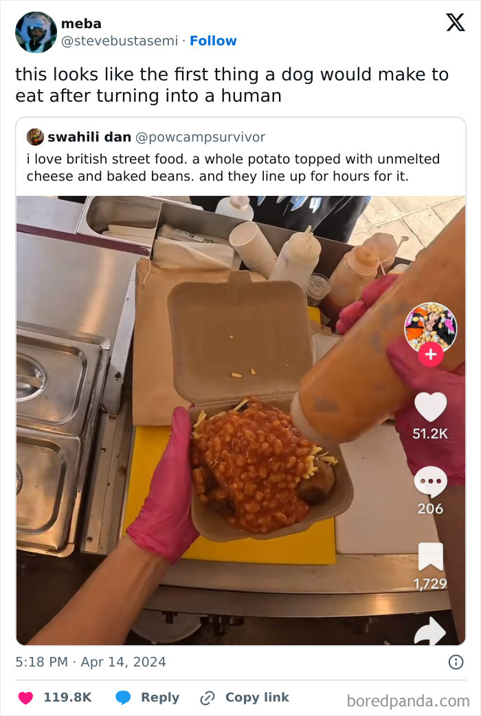 Person preparing potato with cheese and baked beans at a food stall, illustrating real roasts of ordinary people.