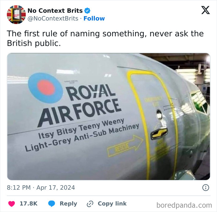 Tweet about a humorous Royal Air Force plane name, highlighting relatable science memes and British humor.