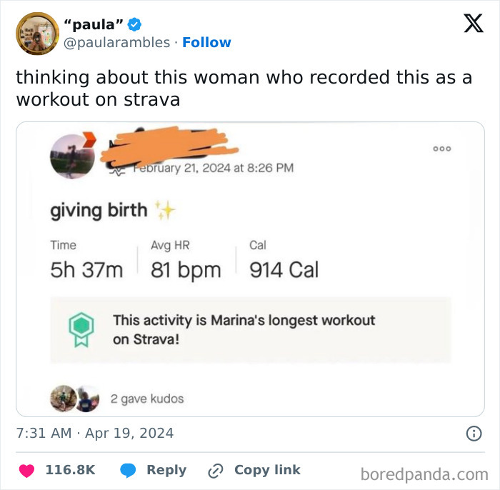 Strava workout meme humorously logging childbirth as exercise, highlighting funny memes as a dumpster fire of laughter.