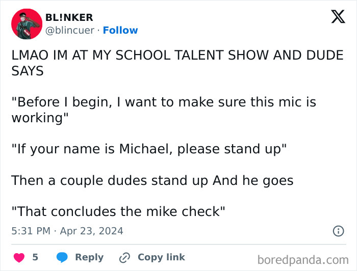 Funny meme about a school talent show where "Mike check" is creatively used with people named Michael.