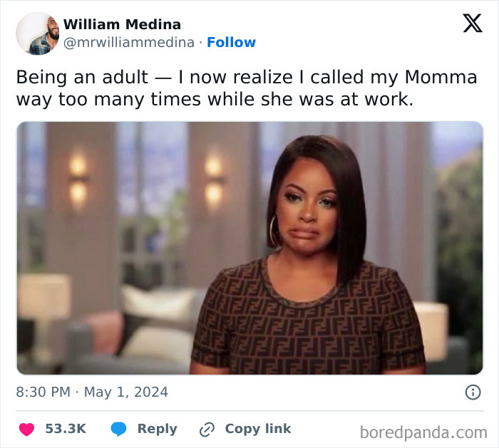 Woman with a resigned expression, representing "Being An Adult" tweet about calling mom frequently at work.