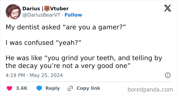 Tweet roasting a gamer with a dentist joke in 2024.