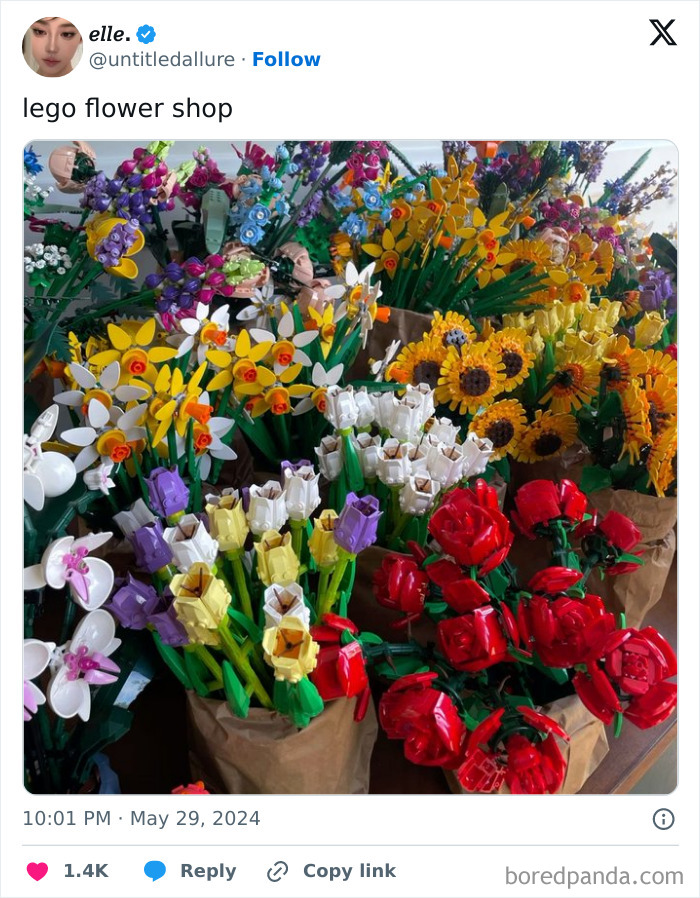 Colorful LEGO flowers arranged in a creative display, resembling a vibrant flower shop.