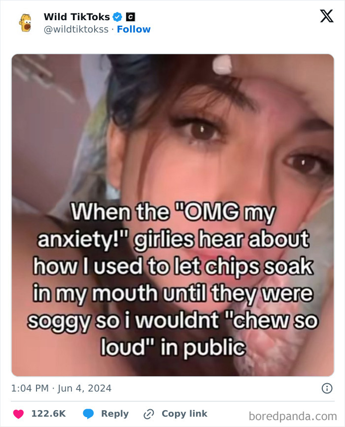 TikTok screenshot showing text about anxiety and chewing loudly in public.