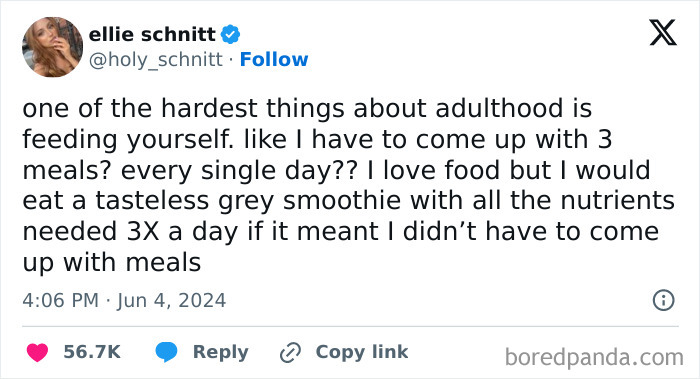 Tweet humorously discussing a relatable aspect of being an adult: planning daily meals.