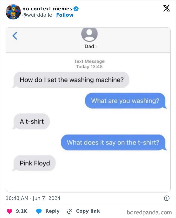 Funny text exchange about washing a Pink Floyd t-shirt, featured in Best Texts of 2024 collection.