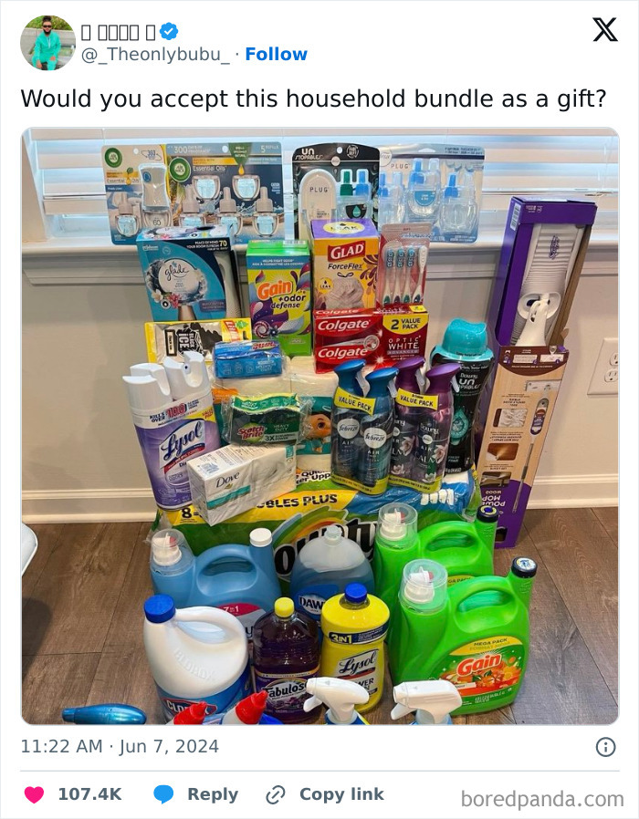 Household supplies bundle with various cleaning products and toiletries, related to Being-An-Adult-Tweets humor.