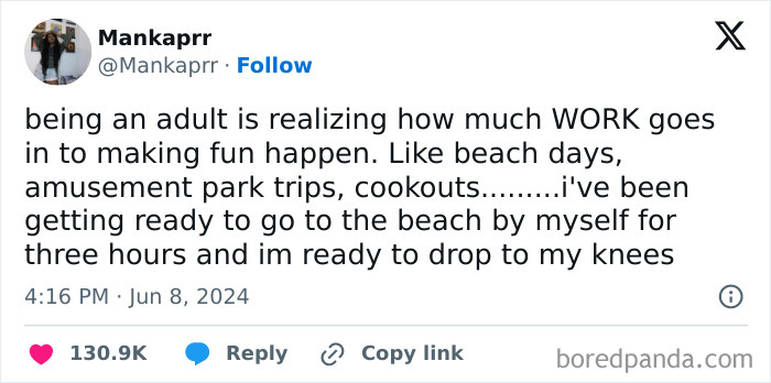 Tweet about the challenges of being an adult, highlighting the effort in planning fun activities like beach trips and cookouts.