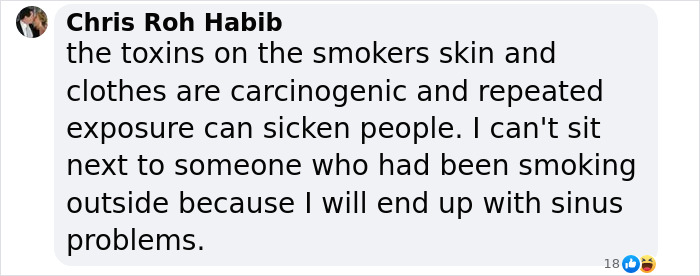 Text highlight discussing third-hand smoke risks and health concerns related to toxins from smokers' skin and clothes.